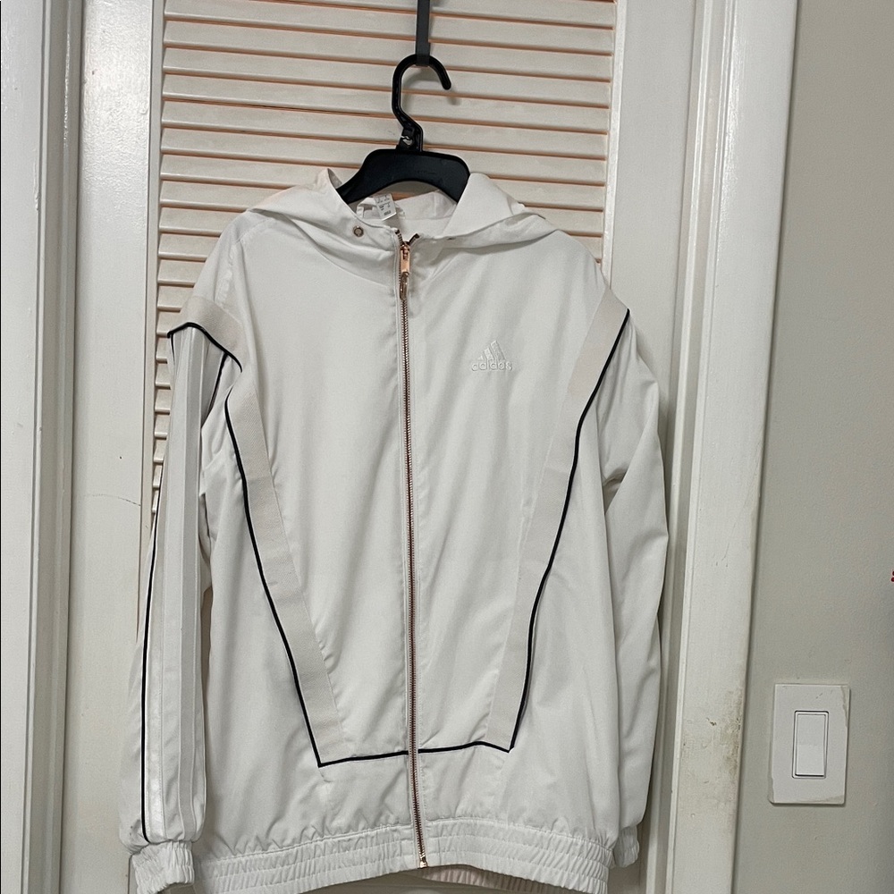 adidas White Hooded Jacket with Rose Gold Zip and Black Trim